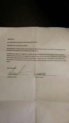 This shows that Sydney unlawfully repossessed my car which was under my brothers name at the time.At the end kept my car and $$