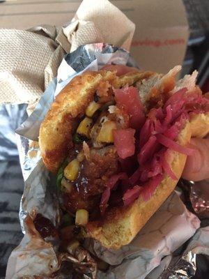 Bad photo but delicious BBQ chicken sandwich with charred corn and pickled onion.