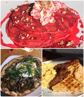 Red Velvet pancakes, breakfast pizza and Chicken and Waffles. So good, so good, so good!