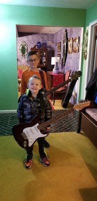 My boys are inspired by their personal guitar expert, Glenn and Ryan at Bay Tunes.