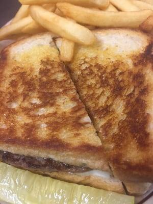 Patty melt, fries and pickle