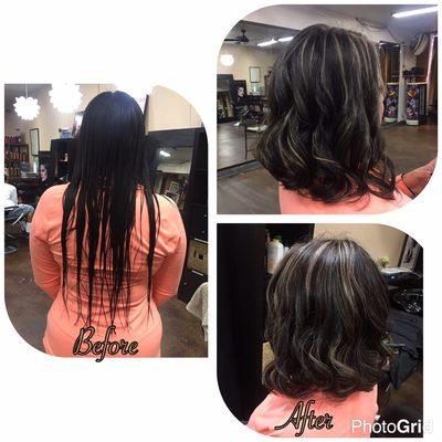 Before long hair, After short hair and some highlights!! Color : natural base with dirty blonde