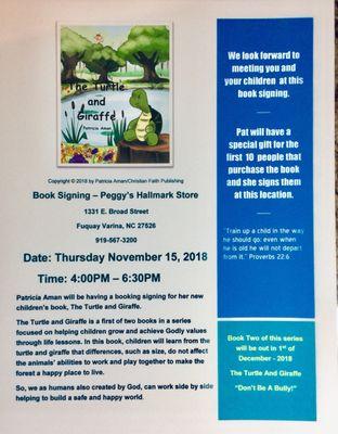 Local Author, Dr. Patricia Aman is having a book signing in Nov. 15, 2018 at Peggy's Hallmark Store in Fuquay-Varina 4:00pm - 6:30 pm