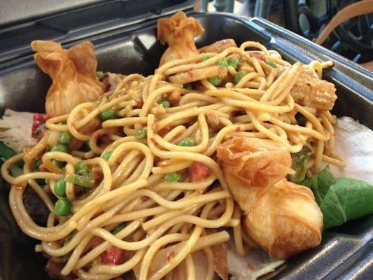 Spicy Thai peanut noodles with grilled chicken and a side of shrimp purses. Yum!