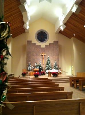 Inside of the church, decorated for Christmas