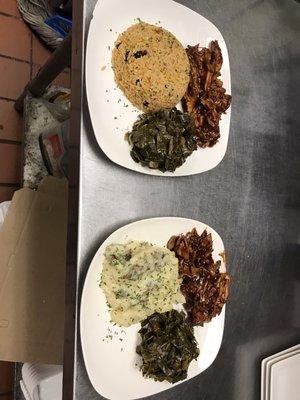 Barbecue pulled pork with rice and beans greens. Garlic mashed potatoes