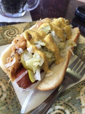 Kosher dog with homemade kraut, mustard, pickles, onions.!!!!!!! A masterpiece