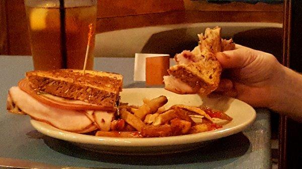 Turkey sandwich. For a $12 sandwich, it's pretty sad that it's made with store bought turkey and bread and took an hour to come out!