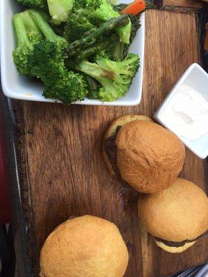 Filet sliders with creamy horseradish sauce and a side of chef vegetables ($16)...so delicious!!!