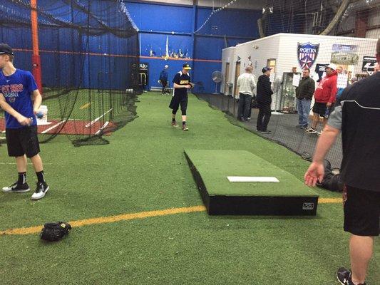 You can practice pitching here from a portable practice mound.