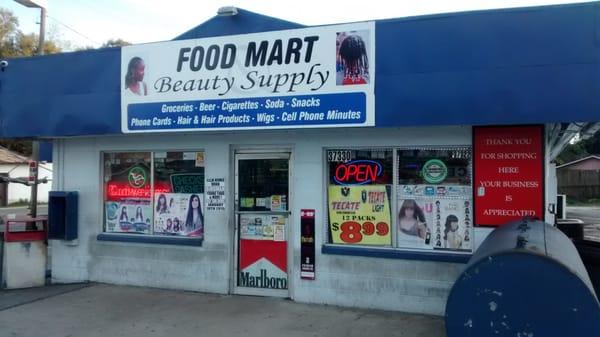 Food Mart Beauty Supply; groceries, beer, cigarettes, soda, snacks, phone cards, hair & products, wigs and cell phone minutes