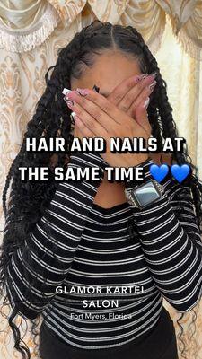 boho knotless braids and acrylic full set on nails