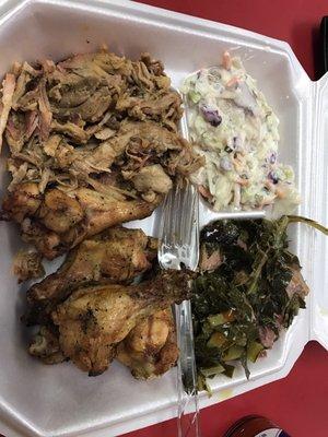 Pulled Pork & Wings with Cole Slaw and Collards