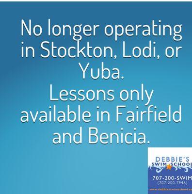 Closed in Stockton, Lodi, and Yuba. Only offering lessons in Fairfield and Benicia.