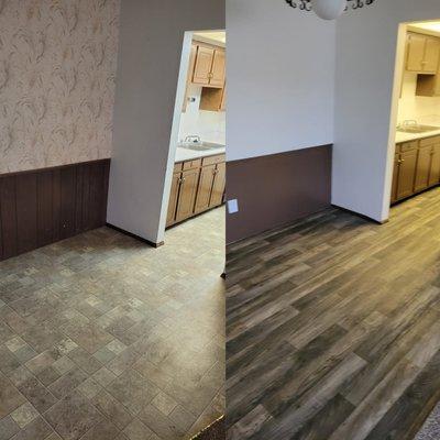 This is a side by side comparison that showcases the Dining Room between an older vacancy and a new refurbished vacancy.