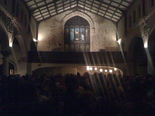 Looking back during the show.