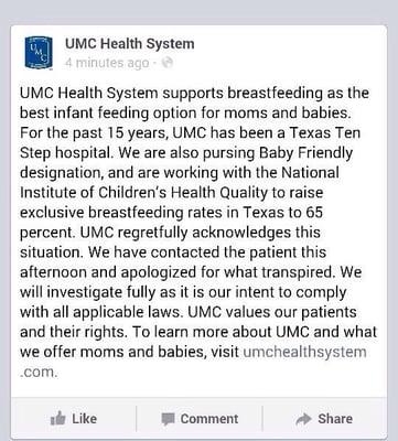 UMC's acknowledgement of the incident involving a breastfeeding mother being removed from Dr. Fernandez's pediatric office.