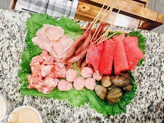 Fish, Shrimp, Beef, Chicken, Meatballs, and Clam