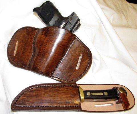 Handmade and custom fit holster and knife sheath. Use only top quality leather to last a lifetime.