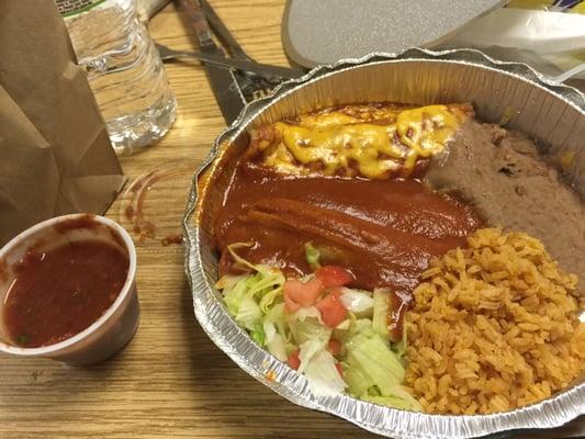 Microwaved tamales and enchilada topped with tomato paste and American cheese. Sauce would've been decent on some spaghetti.