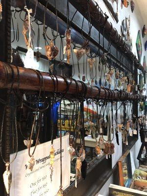 A variety of hand wrapped necklaces and pendants- quartz, shark tooth, ammonite, agate, jasper, opal, Septarian and more!