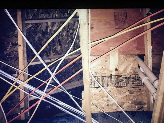 Wiring running in attic they just dropped it and covered with insulation.