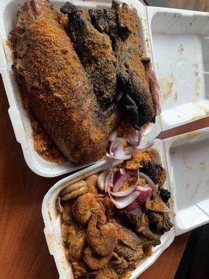 Two combo plates  (Top) jollof rice, onions, turkey wing, lamb ribs  (Bottom) jollof rice, onions, steak, shrimp