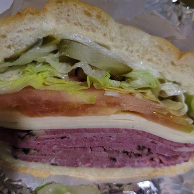 Pastrami and Swiss cheese sandwich