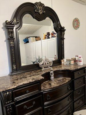 Gorgeous gorgeous gorgeous The dresser to the California king bed set with marble top finish! Solid wood just like the bed frame