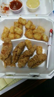 Chicken fingers and tots. $6.99 plus tax. Pen not included. Only used to show size.