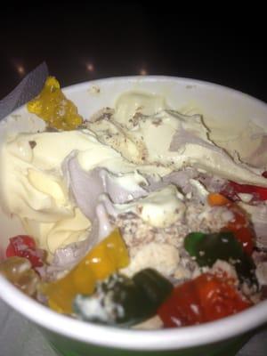 Cookies$cream,cake batter yogurt with twix and gummy bears ! Yum