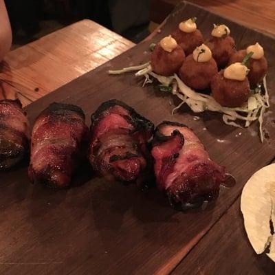 Chorizo stuffed dates wrapped in bacon... I would eat them all day, every day if I could! Perfection!