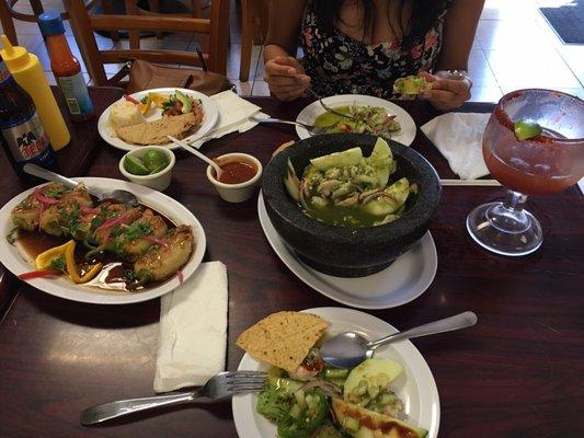 Great aguachile, Clamato (chavelas), taco gobernador, and you can't leave without trying the chiles gueros with Marlin in soy sauce!