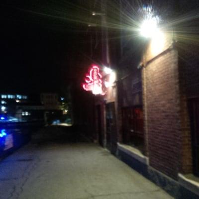 On the side of the building over the Bridge. You can miss it.