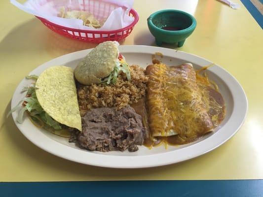 Fiesta Plate - Beef Gordita, Beef Taco, Beef Enchilada, Cheese Enchilada, and rice and beans.