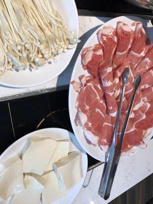 Lamb platter, tofu, enoki