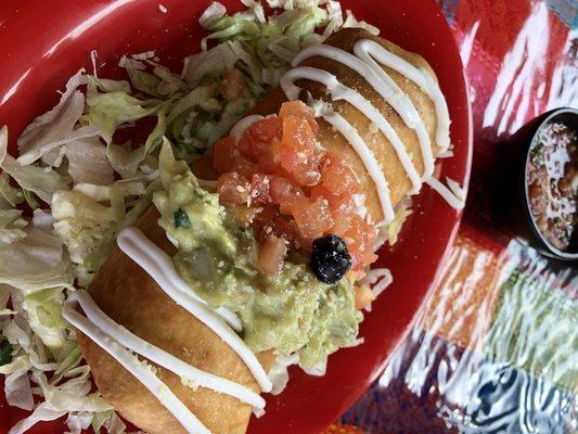 Vegetarian chimichanga. Crunchy/gooey fried shell with pinto, rice, and motz.