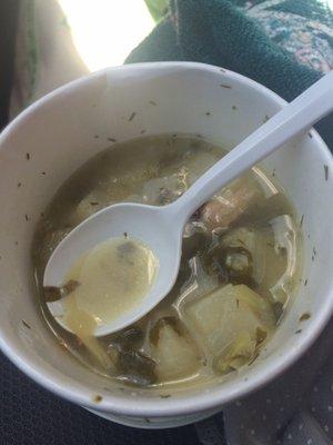 Small soup: $2.99. Big one: $3.99. It has meat, potato, broccoli and some other vege in it. Tasty!