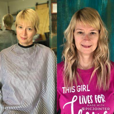 Tape-in extensions on a pixie. Amazing transformation!! Face of Cancer photo shoot.