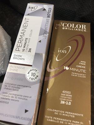 Silver box on left is new package for 10 min ion Color Brilliance Permanent, great for root touch ups!