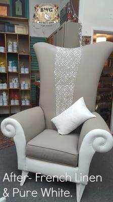 Alice in Wonderland Chair painted in French Linen and Pure White Chalk Paint® by Annie Sloan. Seeing is believing at the Big White Goose.