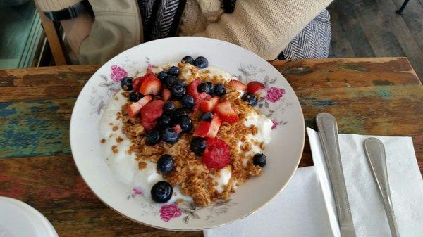 Greek yogurt with granola, fruit and honey. $5.50