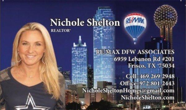 Nichole Shelton, REALTOR®,
NHSAC (New Homes Sales Agent Certified)
469-269-2948
NicholeShelton.com
NicholeSheltonHomes@gmail.com