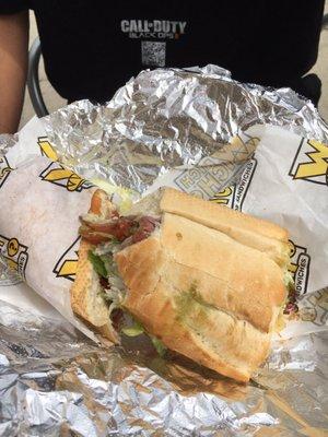 Italian club had turkey, bacon, capacola, pesto, tomato, lettuce and onion. DELICIOUS!! Feed two people with chips and drinks ~$20!