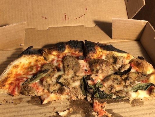 They burned half of the pizza ... not very tasty to eat charbroiled pizza crust.