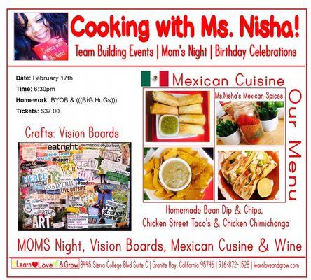 Cooking with Ms. Nisha!
When: Friday Nights Tickets $37.00 per person How to Book your Event: Give us a call at 916-872-1528
