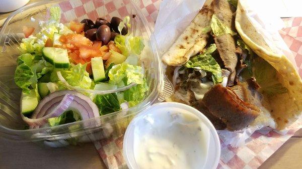 Greek Salad, Gyro+Feta, Tzatziki provided as salad dressing.