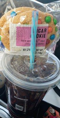 Diet Coke and sugar M&M cookies. Will have only 1 cookie.