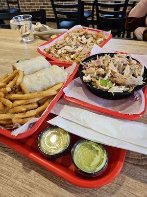 Chicken and rice. Wrap with no lettuce add rice with fries. A chicken bowl