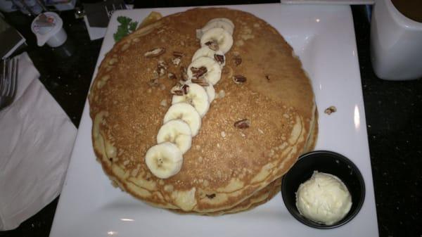 Banana nut pancakes. 3 delicious huge pancakes, I could only finish one.